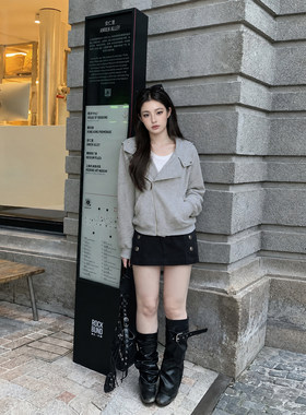 Tinglikes大码女装胖mm韩系灰色斜拉链卫衣外套秋冬休闲减龄套装