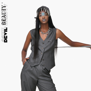 【现货】DevilBeauty新款V领收腰马甲条纹马夹女修身气质无袖上衣