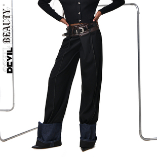 【现货】DevilBeauty新款斜门襟双腰头长裤女高腰撞色拼接阔腿裤