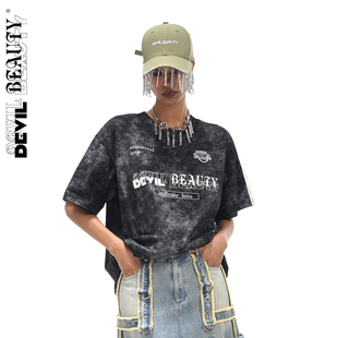 【现货】DevilBeauty新款水洗棒球T恤女渐变字母印花宽松短袖上衣