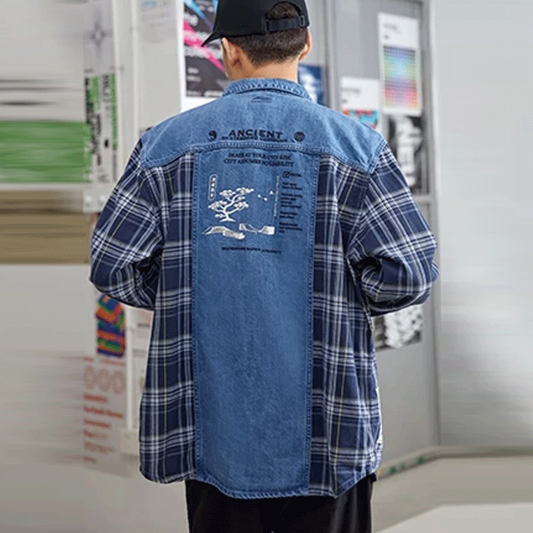 李宁同款外套男秋季衬衫新款拼接格子牛仔外套潮ASHR087