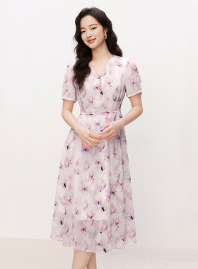 珂家商场同款2025夏季新款女装V领蝴蝶印花短袖连衣裙 KF12242S2