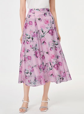 珂家商场同款2025夏季新款时尚百搭显瘦玫瑰印花半身裙KW03701T2