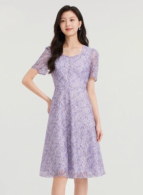 珂家商场同款2025夏季新款紫色钉珠印花短袖蕾丝连衣裙KF12062S5