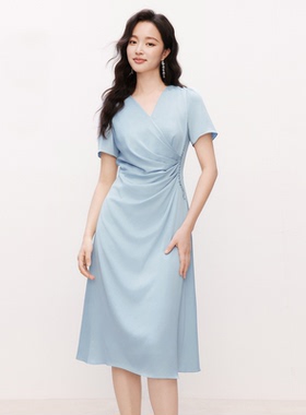 珂家商场同款2025夏季新款女装V领修身短袖中长款连衣裙KF12221M1