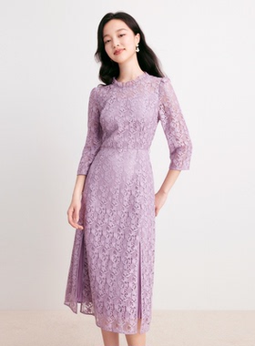 珂莱商场同款2025秋季新款优雅圆领中长款蕾丝连衣裙女KF11029S1