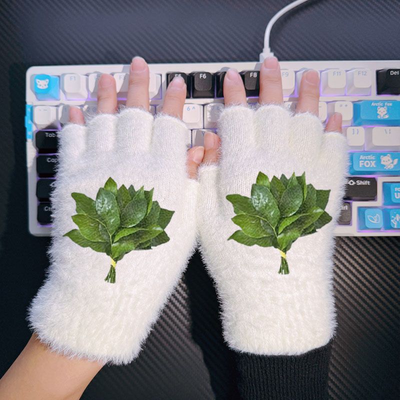 赵露思柚子叶学生毛绒手套保暖防寒冬季高颜值女生男生加厚毛线学