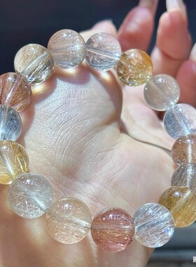 新中式天然巴西冰底老矿料彩兔毛手串净体美拉德色系兔毛水晶手链