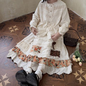 森之坞日系复古田园风加绒半身裙女白色蕾丝拼接碎花荷叶边中长裙