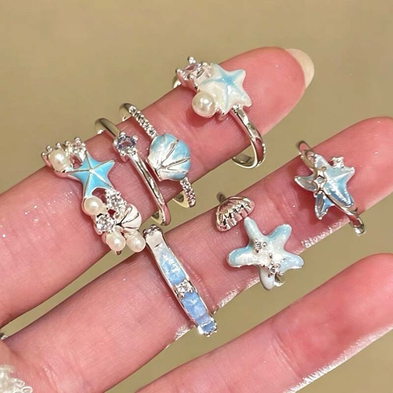 海盐奶贝蓝色海星珍珠开口戒指海边度假风食指戒小众设计感指环女