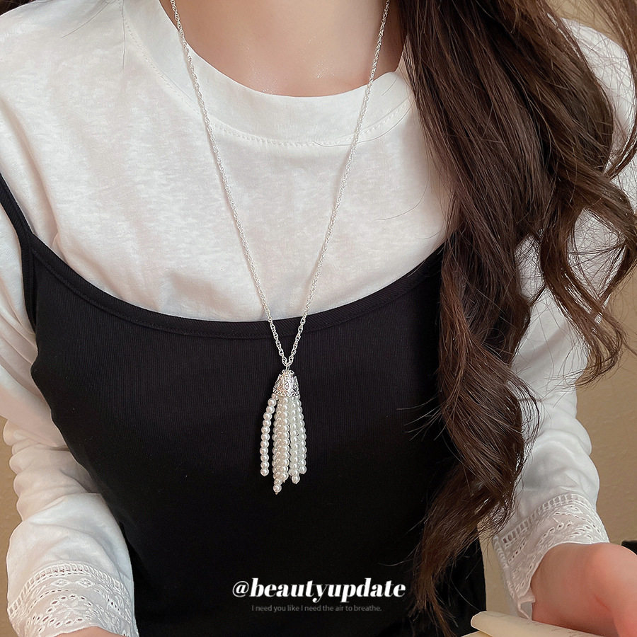 日韩新款串珠流苏珍珠项链复古小众高级感毛衣链简约百搭项饰批发