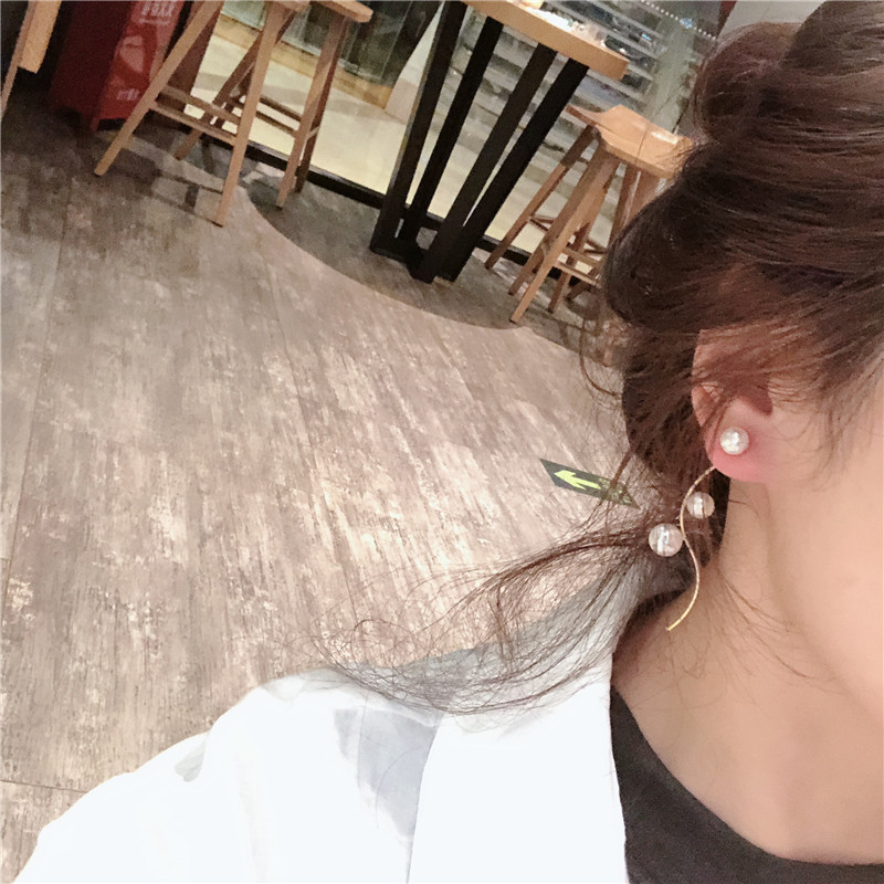 925银针韩国原板前后曲线珍珠耳线个性时尚耳饰耳环