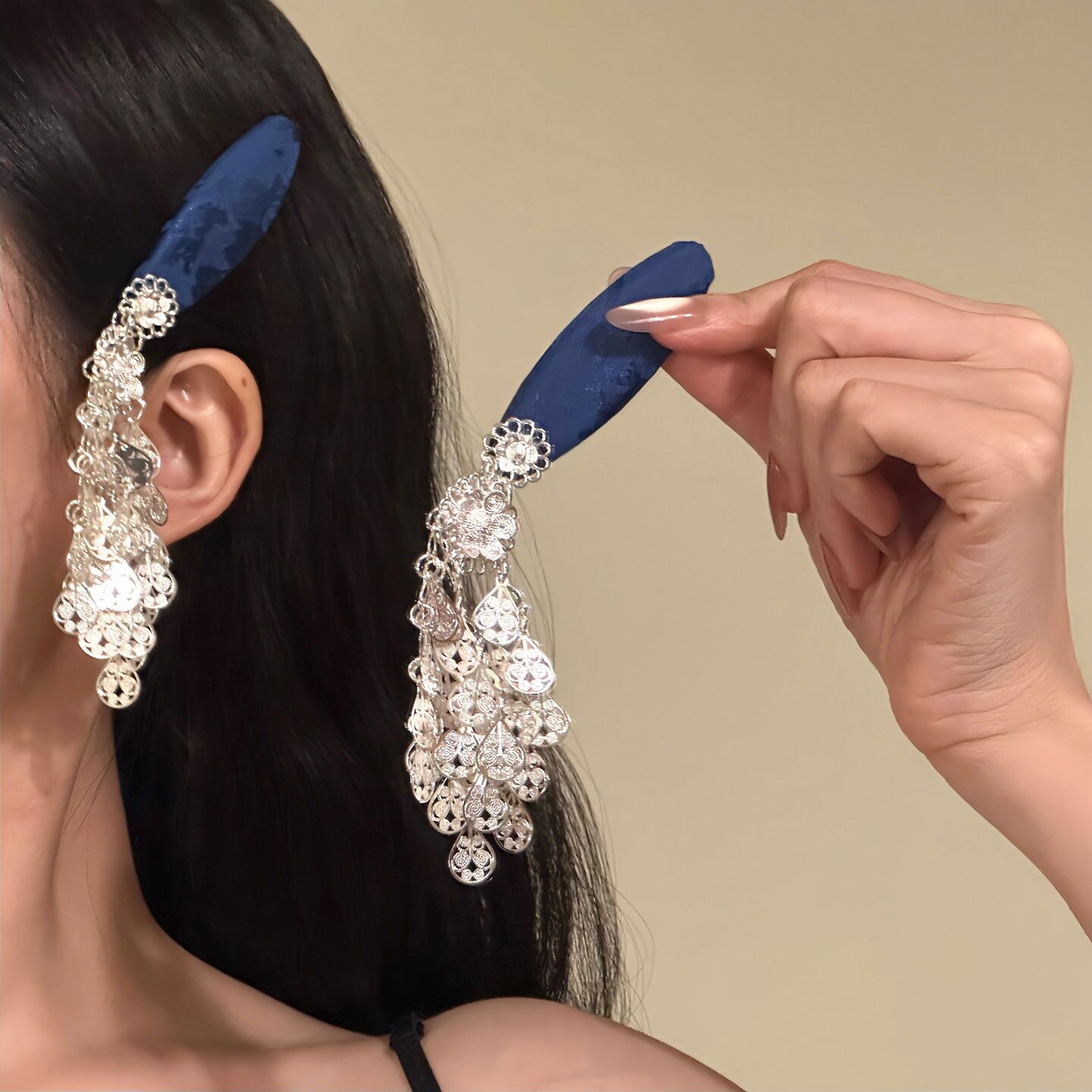 青纹月铃~复古布艺花朵流苏发夹女民族风气质侧边夹发卡发饰夹子