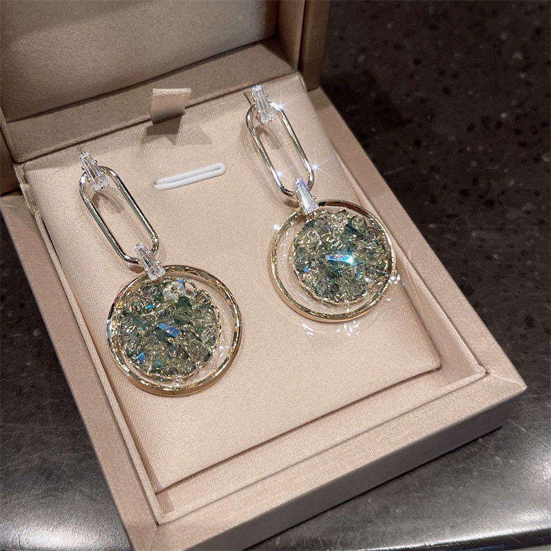 银针时尚绿色水晶立体几何形耳环电镀14K气质碎钻耳坠耳饰品