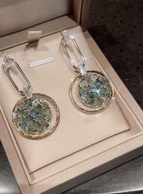 银针时尚绿色水晶立体几何形耳环电镀14K气质碎钻耳坠耳饰品