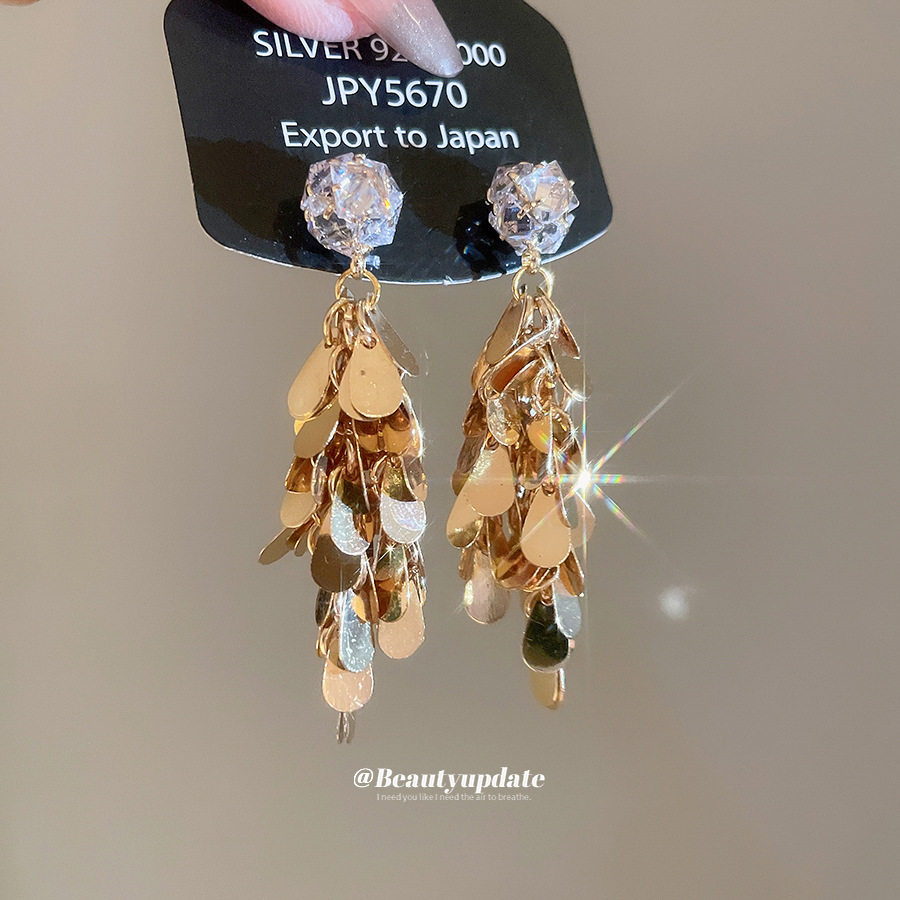 银针欧美金属感锆石水滴亮片流苏耳环时尚耳坠耳钉轻奢高级感耳饰