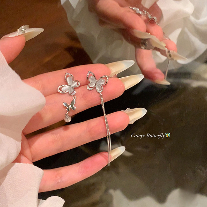 轻奢小众高级感猫眼石蝴蝶耳钉女ins潮不对称长款流苏耳环耳饰品