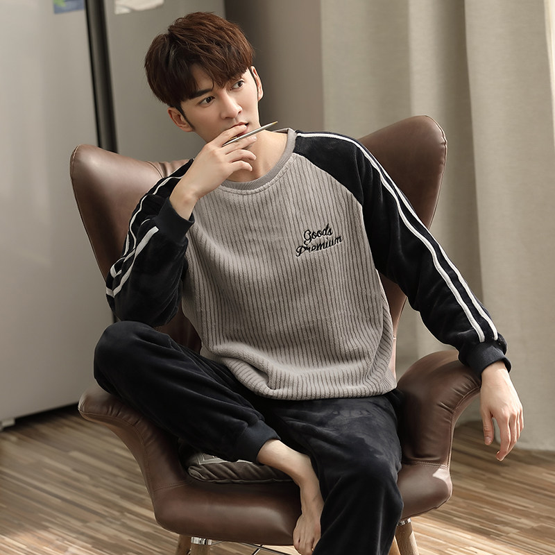 冬季珊瑚绒男士睡衣秋冬款加绒加厚保暖休闲法兰绒家居服套装冬天