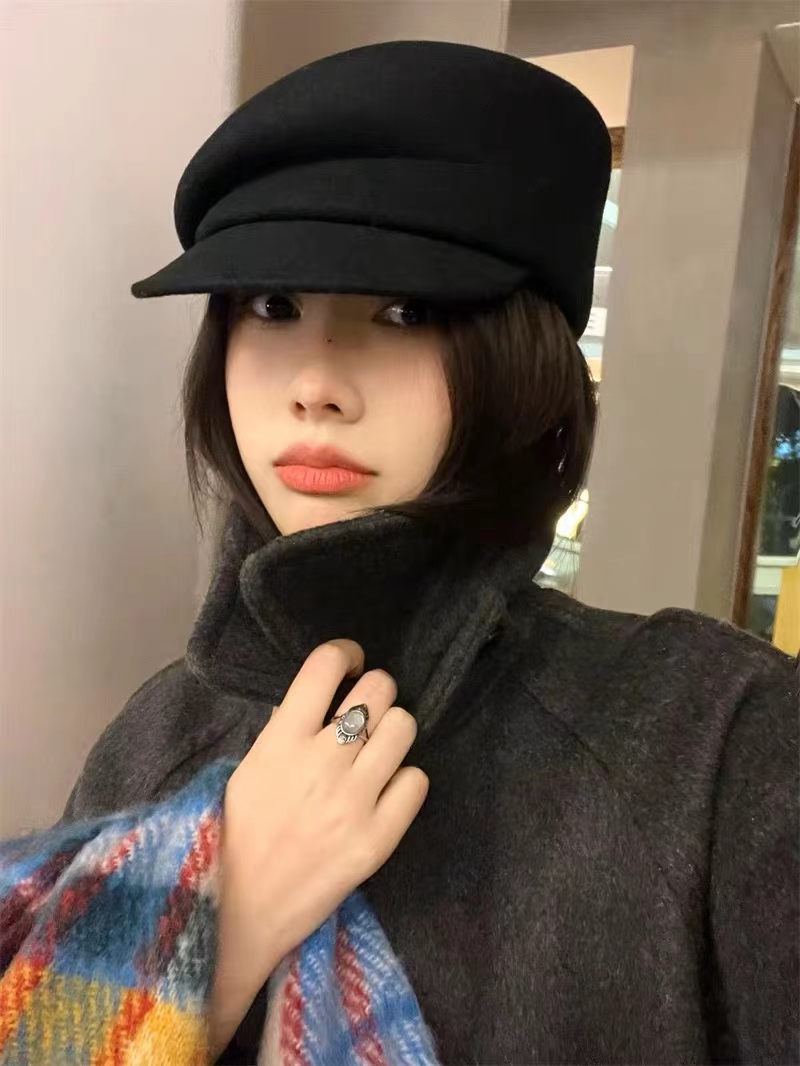 纯色100%羊毛贝雷帽fever同款秋冬季黑色百搭骑士帽子女士报童帽