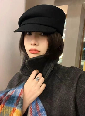 纯色100%羊毛贝雷帽fever同款秋冬季黑色百搭骑士帽子女士报童帽