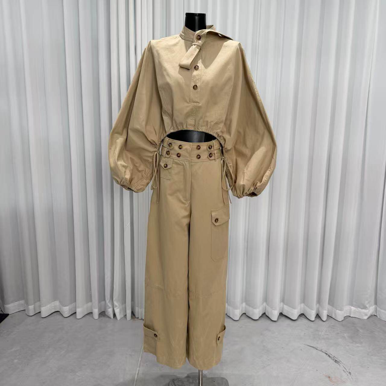 柚子MM2026年慵懒风灯笼袖衬衫阔腿裤套装女收腰绑带纽扣两件套