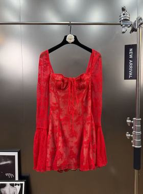 柚子mm2025年冬季热辣红色蕾丝镂空收腰法式少女风蓬蓬长袖连衣裙