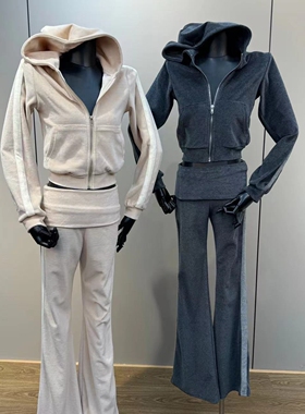 柚子MM2025春季连帽长袖拼色开衫配微喇裤加绒减龄春雨分韩版套装