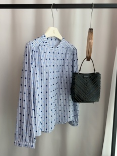 2025春波点植绒条纹纯棉衬衫女圆领长袖时尚洋气叠穿上衣