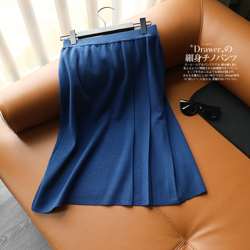 优雅得体 知性女人味 侧边风琴压褶 松紧腰a字纯色撒摆针织半身裙