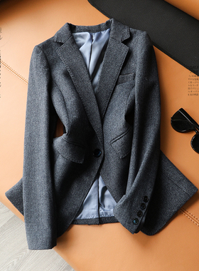 精致得体 精英气质 夹花雾蓝色 品质羊毛呢修身挺括西装外套女 秋