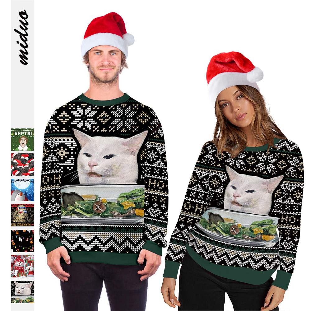 ugly christmas sweater couple圣诞猫咪数码印花女时尚圆领卫衣