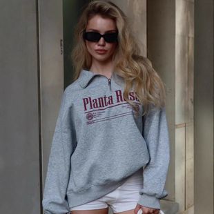 oversize hoodie women fashion tops跨境宽松上衣半拉链卫衣女