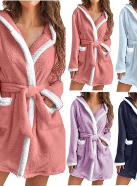 warm pajamas plush bathrobe women外贸睡衣跨境连帽毛绒浴袍女