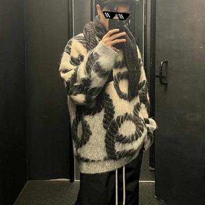 绳索提花圆领毛衣男秋冬款美式复古重磅学院风潮流痞帅打底针织衫