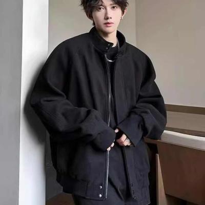 美式灰色立领毛呢外套男款秋冬痞帅呢子大衣短款韩系廓形西装夹克