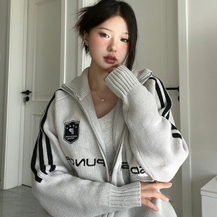 上衣 美式 复古立领毛衣开衫 外套秋冬季 百搭宽松潮牌情侣拉链针织衫