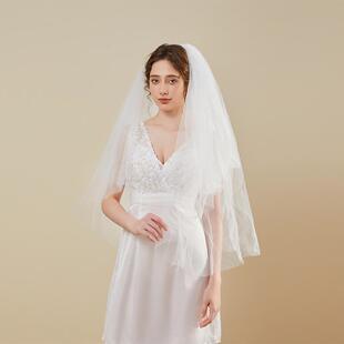 莎娅设计 三层次闪烁网纱白色2种材质可选蓬松效果中长 新娘头纱