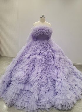 莎娅设计紫色网纱蓬蓬婚纱礼服晚宴长拖尾一字肩飘带设计蛋糕裙