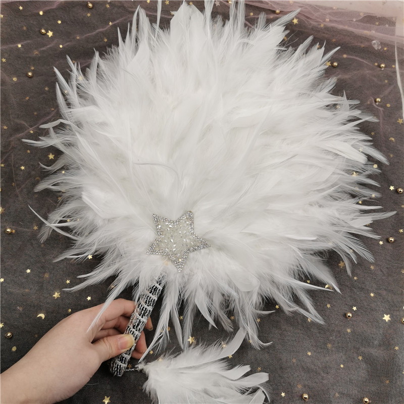 羽毛白色手持古风团扇 汉服长扇 舞蹈舞台 摄影 羽毛圆扇