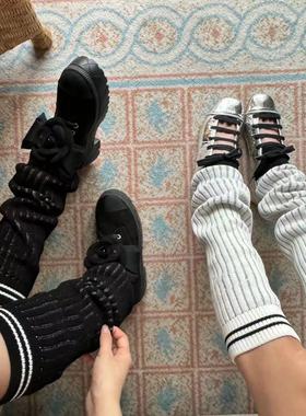 24新品 小香早春双C袜套黑白灰色条纹竖线堆堆袜女 走秀款ins网红