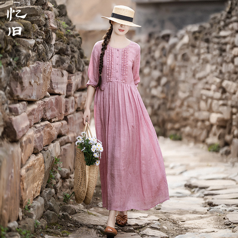 忆旧夏装苎麻连衣裙女长袖2025新款气质紫色长裙圆领宽松显瘦裙子