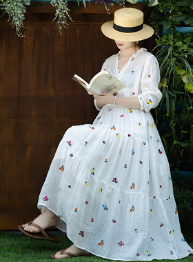 现货【飞花令】文艺刺绣交领连衣裙女夏季苎麻浪漫温柔裙子显气质