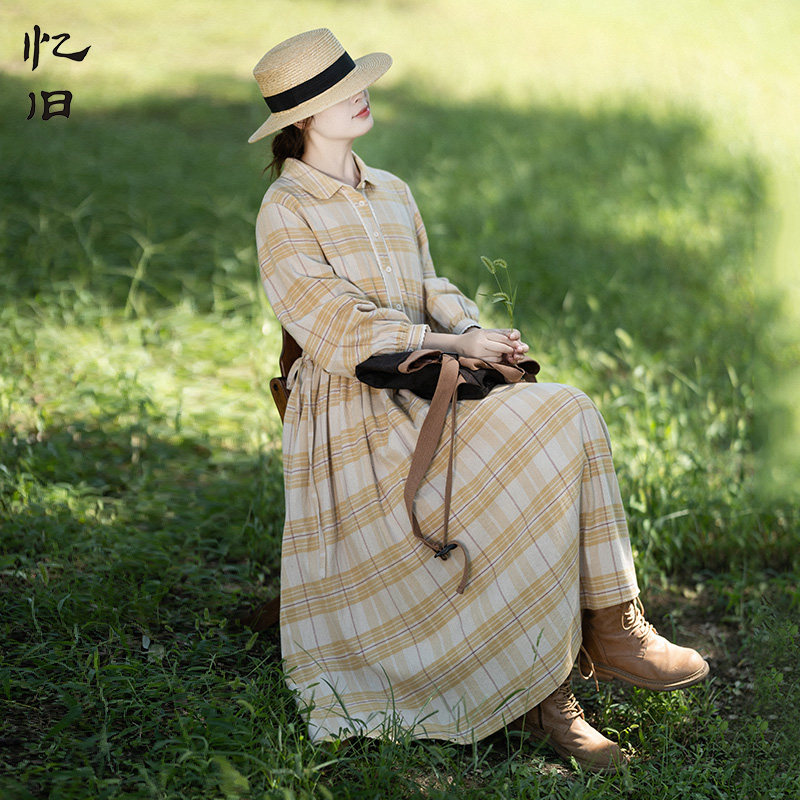 【影像诗】复古衬衫领大摆连衣裙女2026春季新款格纹减龄显瘦长裙