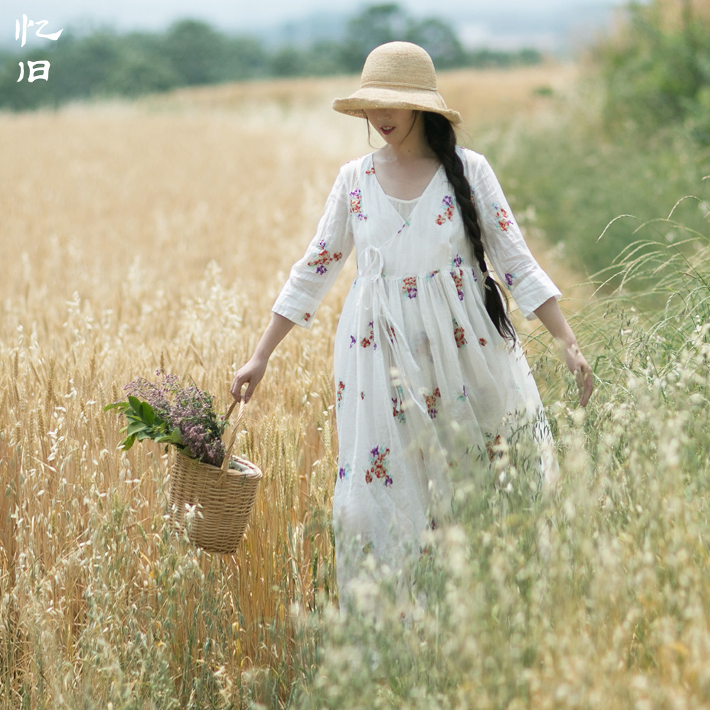 【现货】忆旧文艺开衫长裙2021春夏复古宽松显瘦苎麻绣花连衣裙女