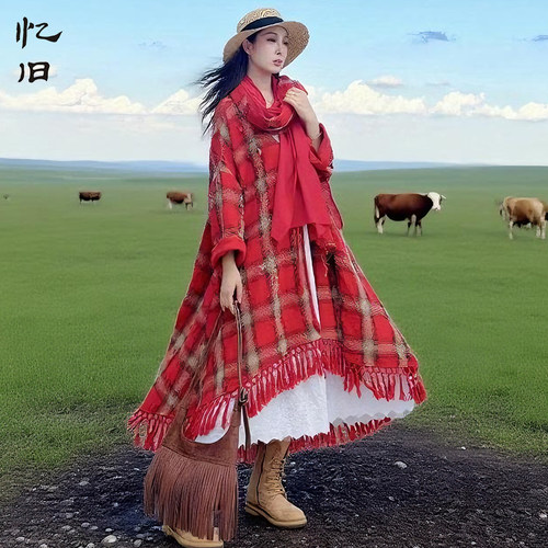 秋季流浪复古风外套女红格纹风衣