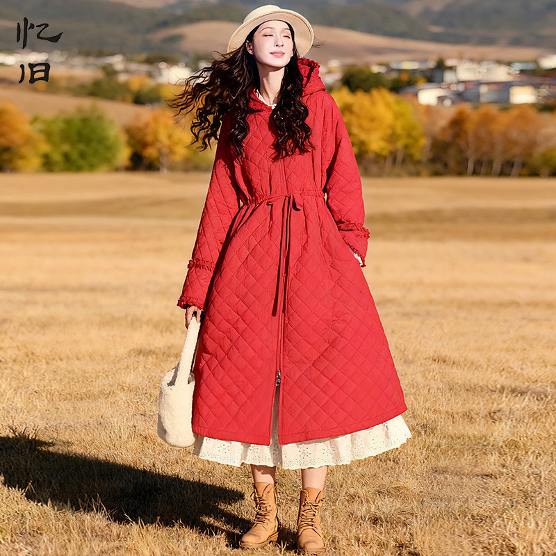 复古纯色连帽中长款棉服女士冬季