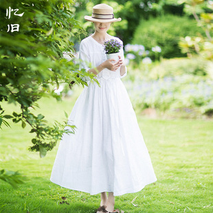苧麻白色連衣裙新款 夏季 長裙收腰顯瘦圓領小禮服裙子女 5折