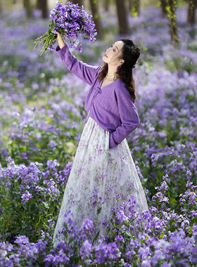 现货【紫梦星河】文艺紫色印花吊带裙外搭针织防晒开衫女夏季新款