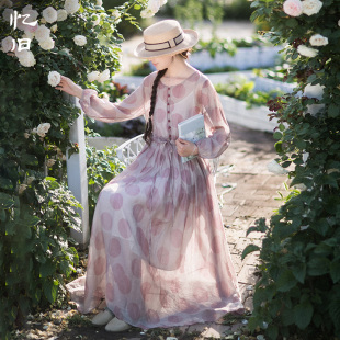 天丝波点高腰长袖 区 连衣裙女夏宽松显瘦印花文艺长裙女 199元