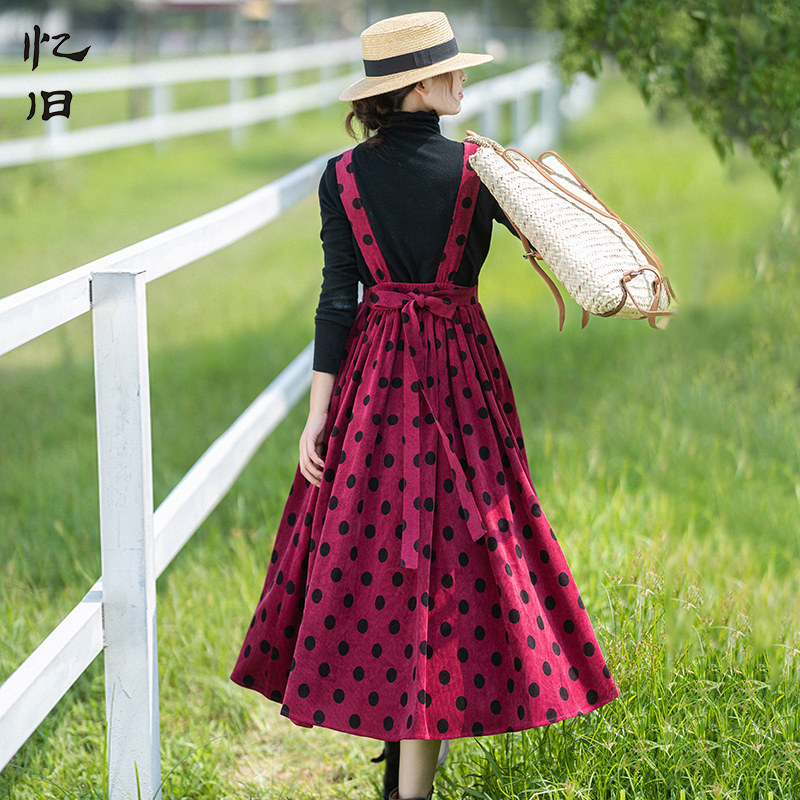【时光定格】复古黑波点印花背带连衣裙女秋季新款灯芯绒收腰系带怎么样,好用不?